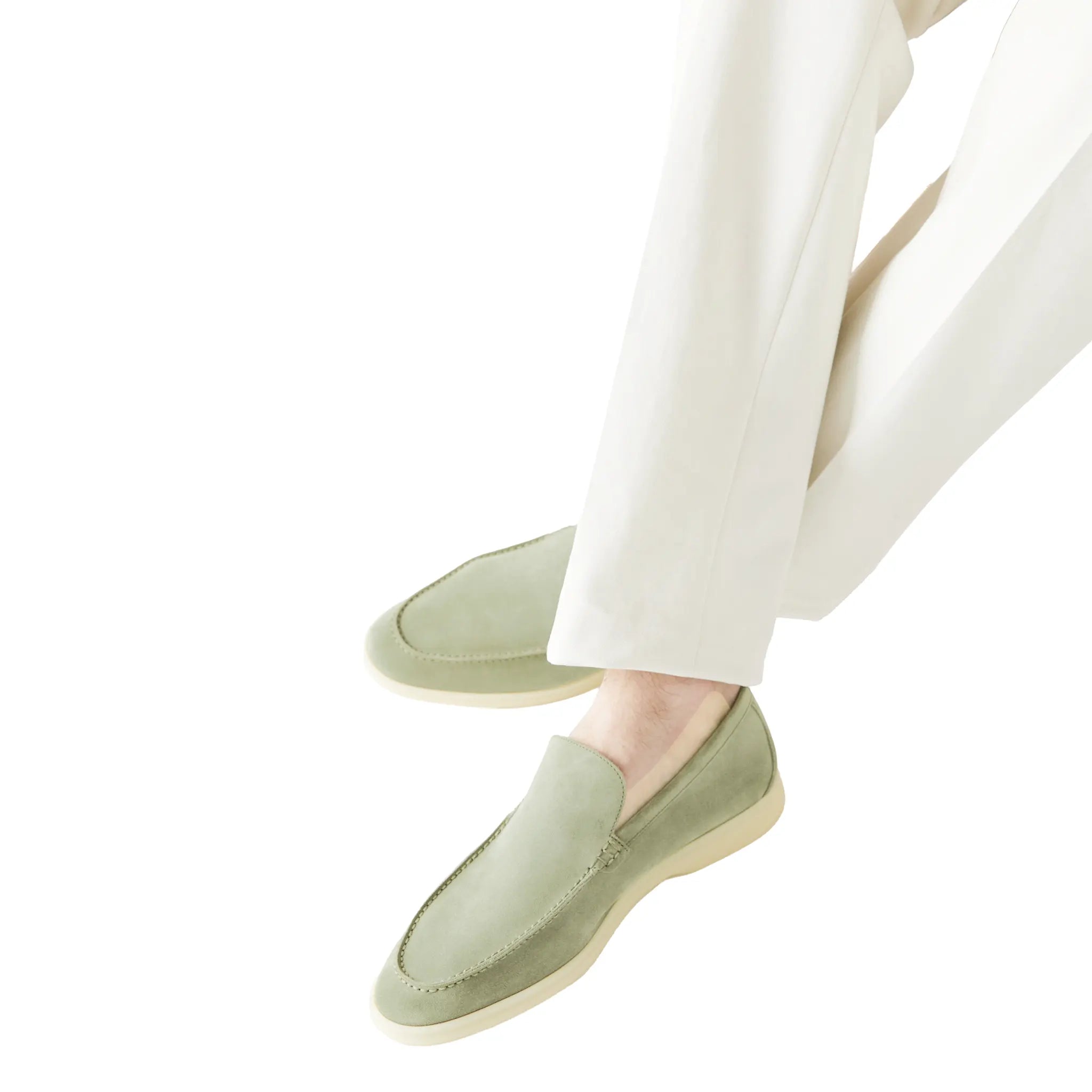 Model Wear View of Loro Piana Summer Walk Suede Shamrock Loafers FAE8124